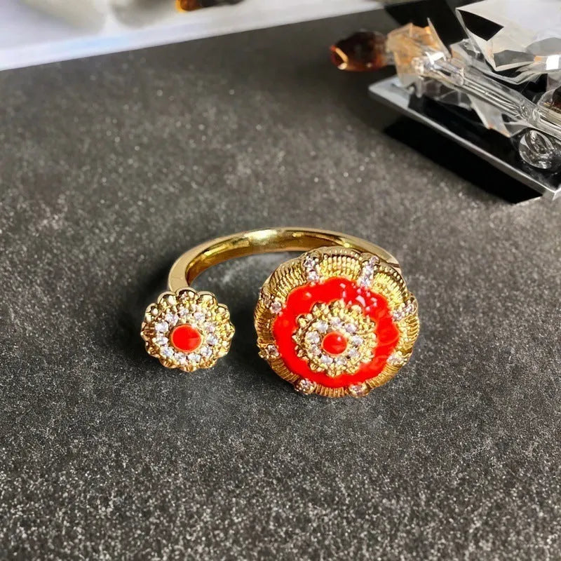 Adjustable copper ring featuring a gourd, flower, and bow design with zircon inlay in New Chinese style.