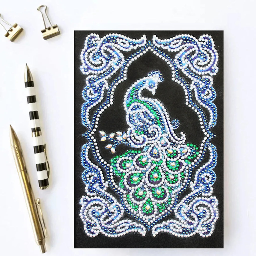Peacock Beauty diamond painting journal notebook A5 size with black cover and textured drill patterns