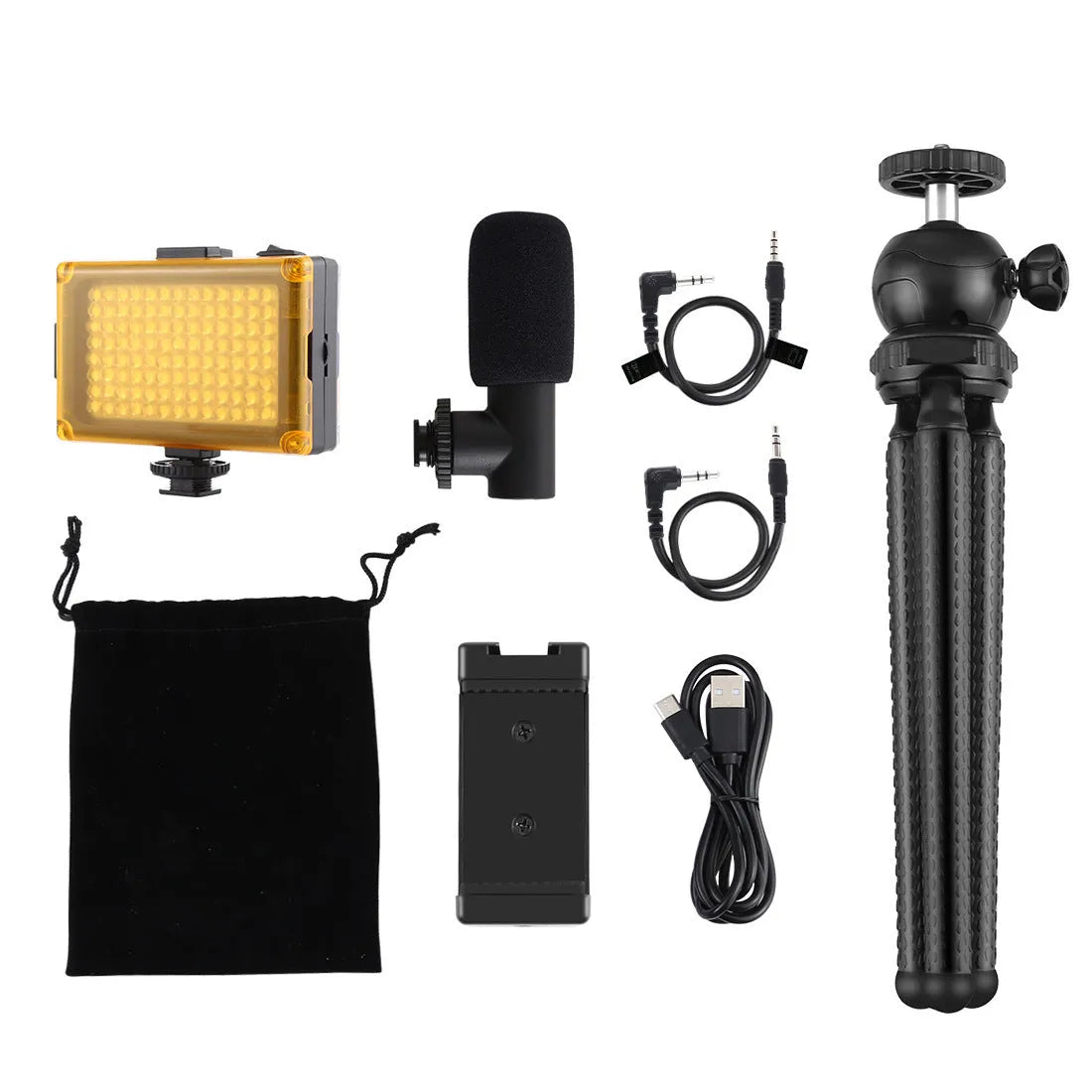 Black octopus flexible tripod stand with fill light and microphone for live streaming