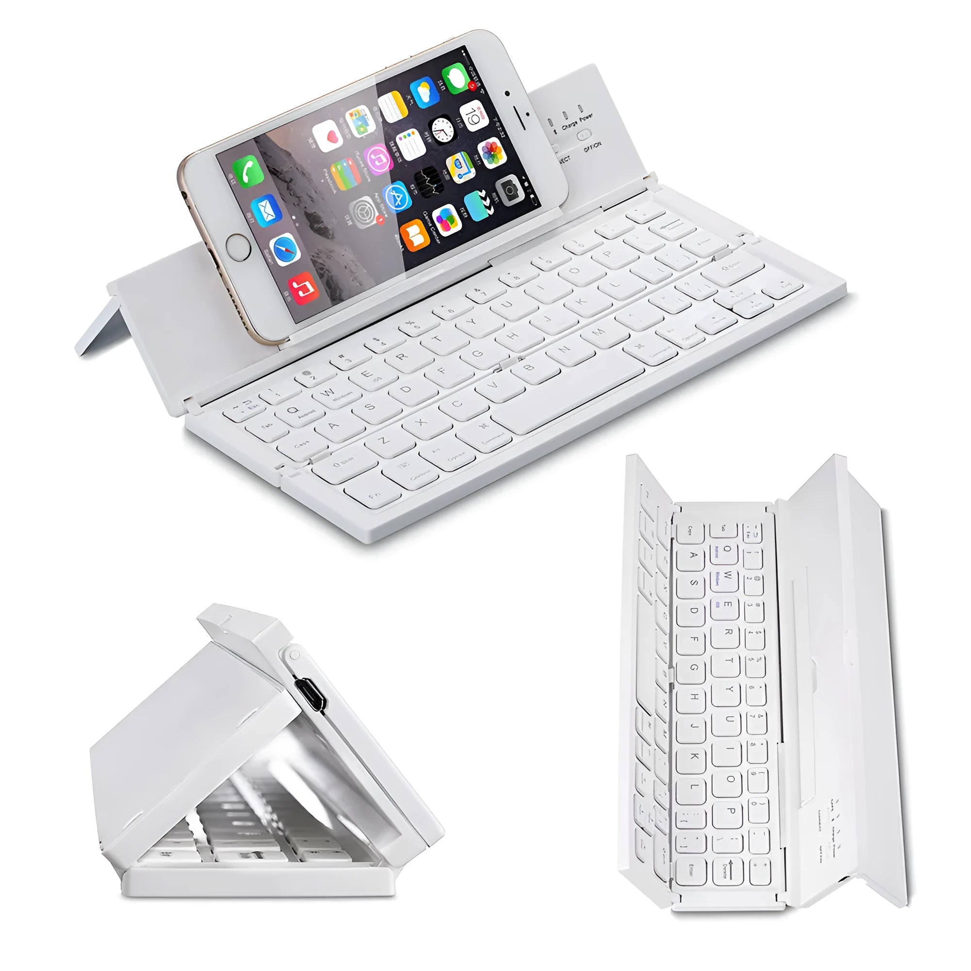 Black folding Bluetooth keyboard unfolded next to tablet showing ultra-thin design