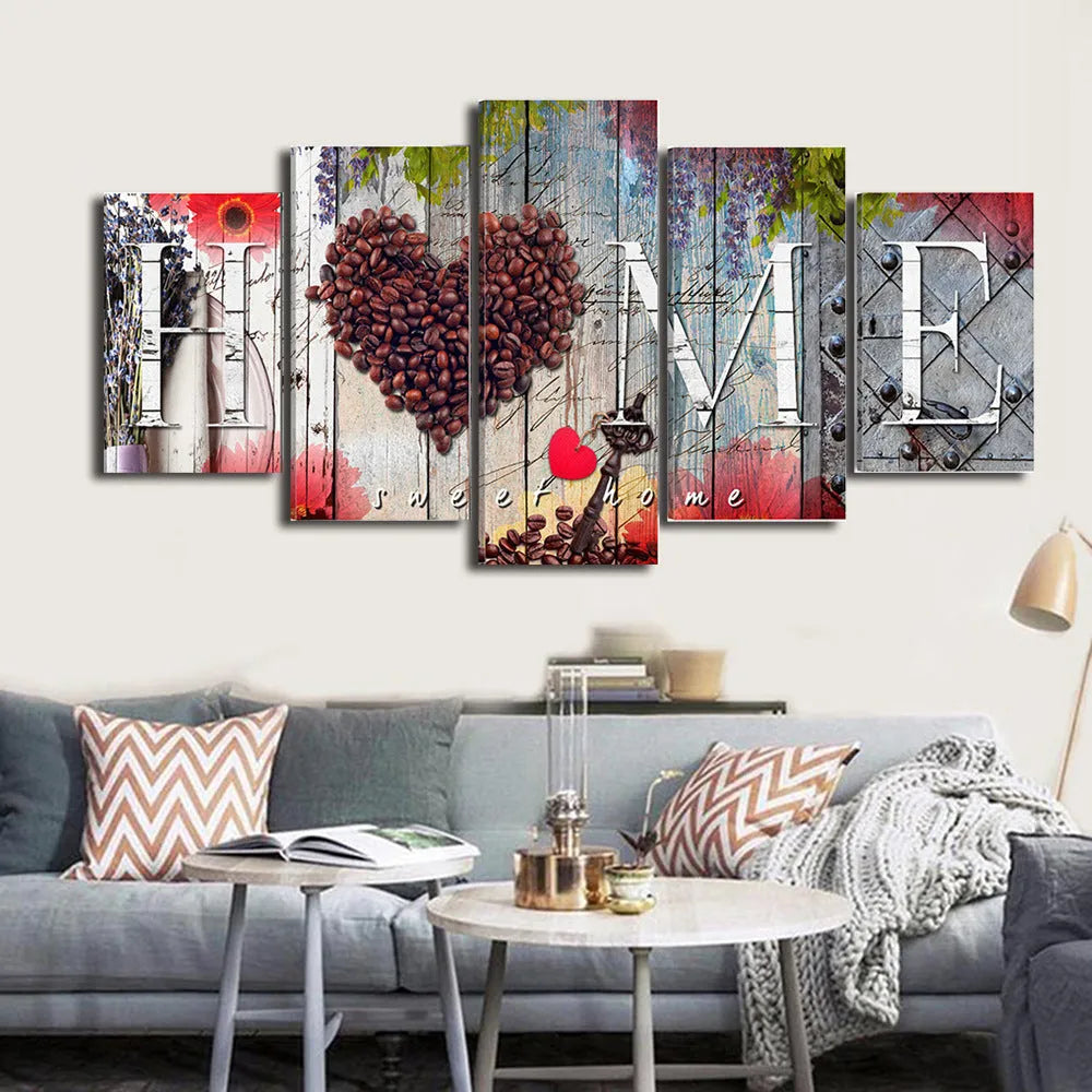 Red oil painting wall decoration boards in multiple sizes arranged on white wall