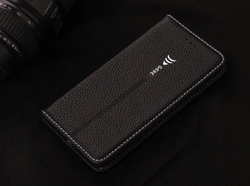 iPhone wallet phone case with PU leather construction showing card storage compartment