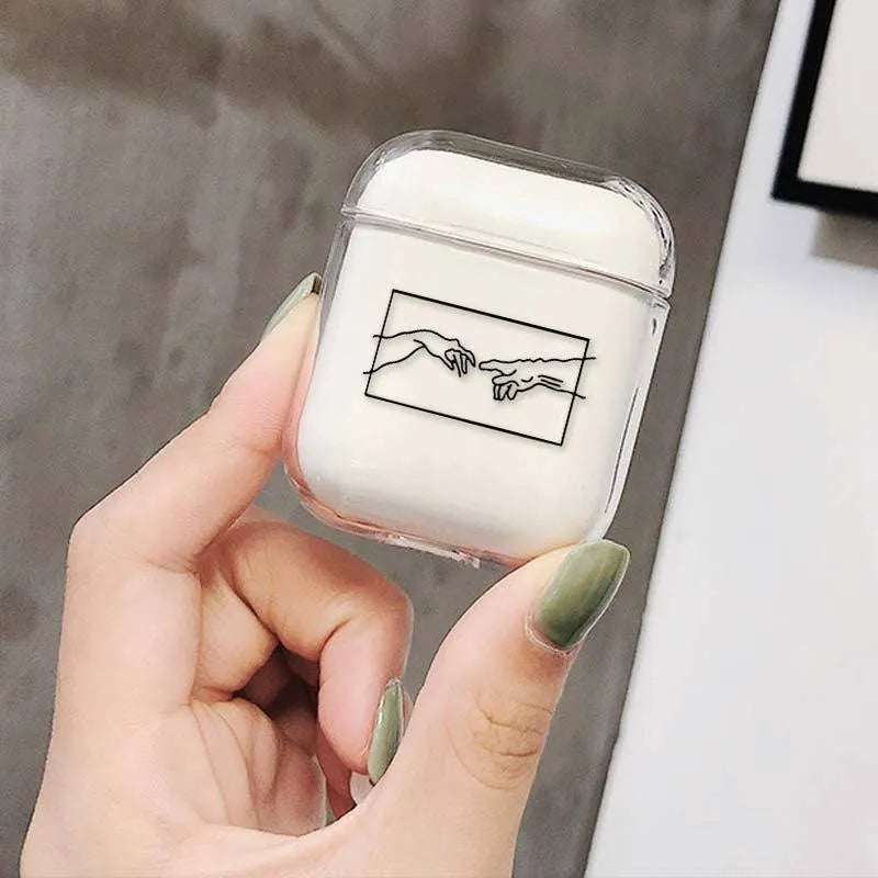 Transparent plastic AirPods protective case showing compatibility with Apple AirPods and AirPods Pro