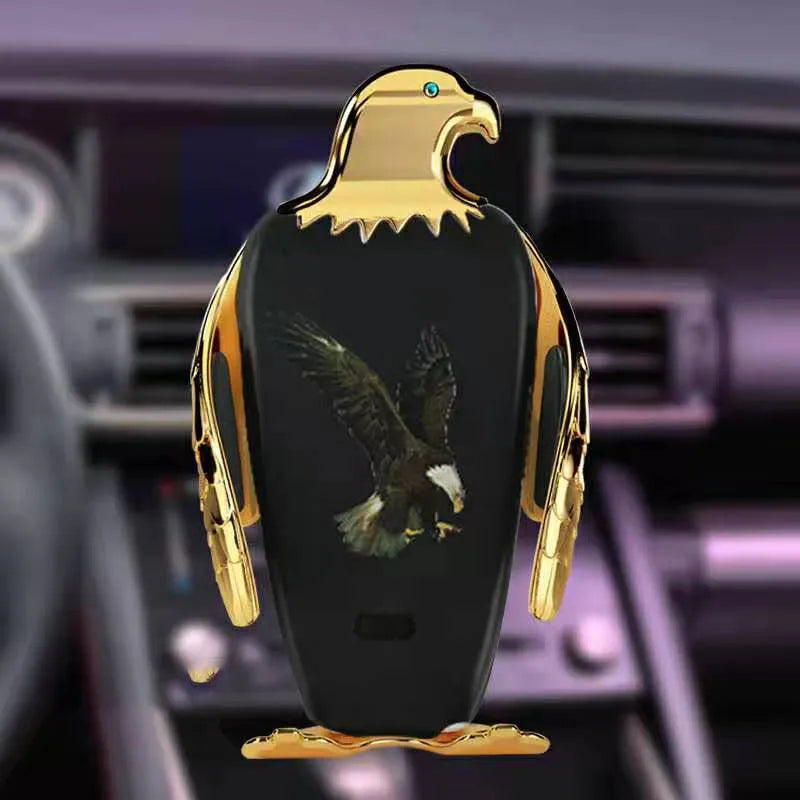 A black and gold wireless charging car phone holder with a suction cup mount, shown on a car dashboard.
