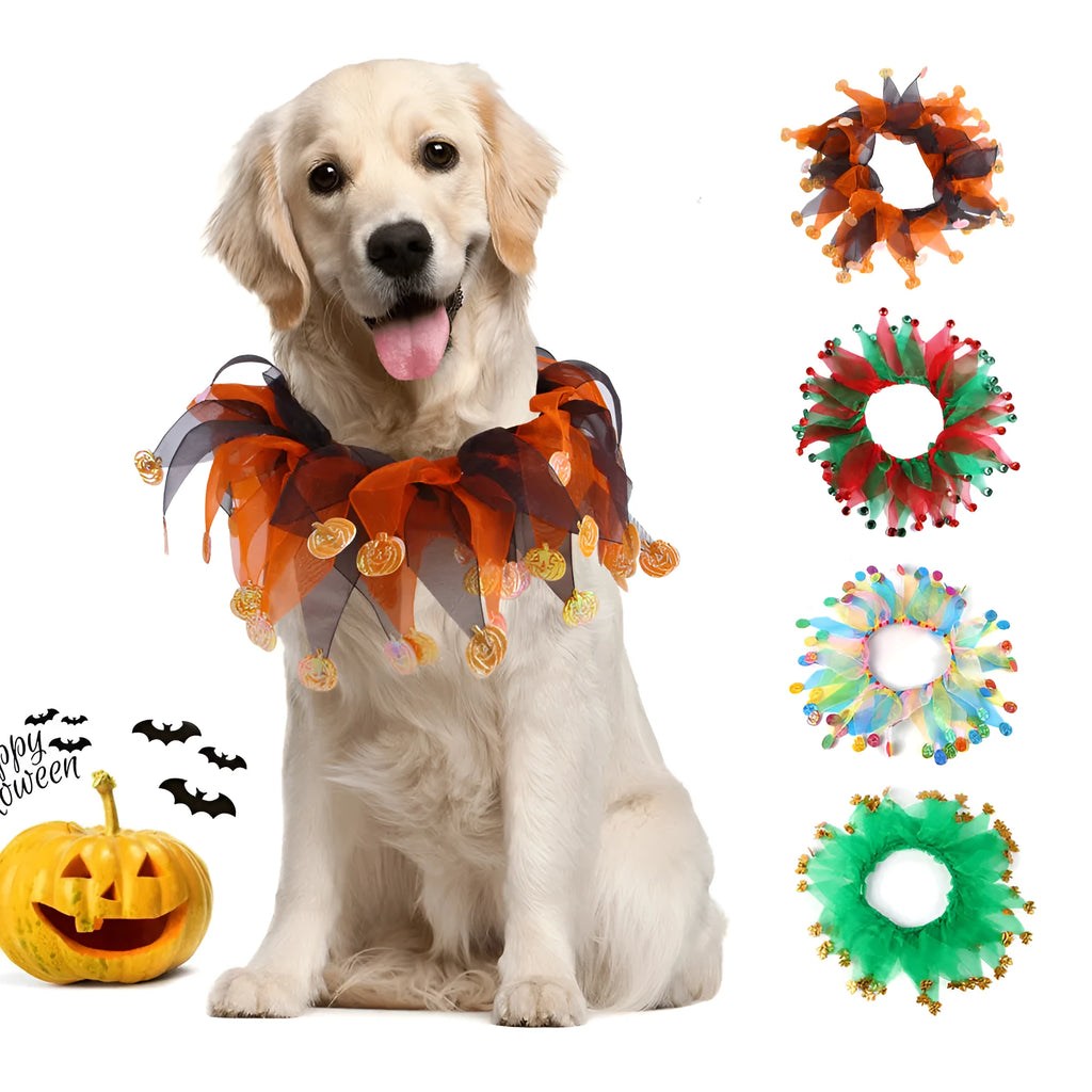 Tie-dyed cloth dog collar showing colour variations with Christmas and Halloween theme options