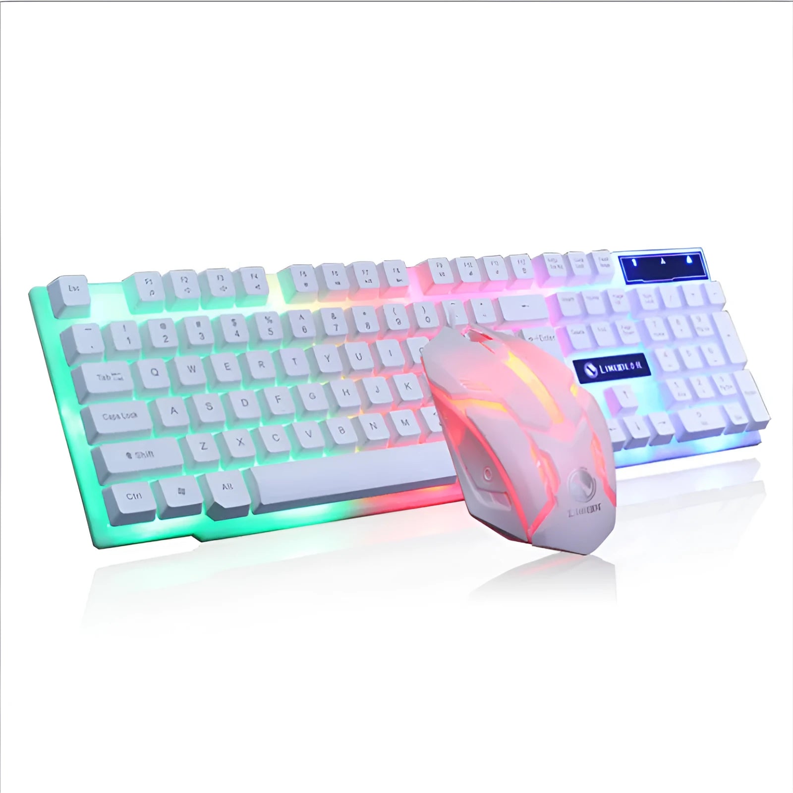 Limei GTX300 gaming keyboard and mouse set showing 104-key keyboard with RGB lighting in four colour variants