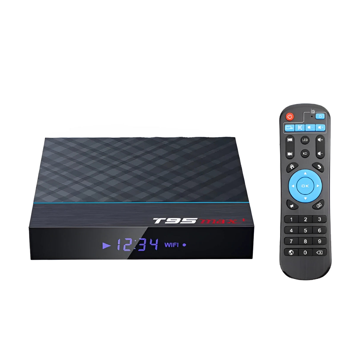 Black T95 Max Plus Android TV box with Amlogic S905X3 chip, showing rear ports and remote.