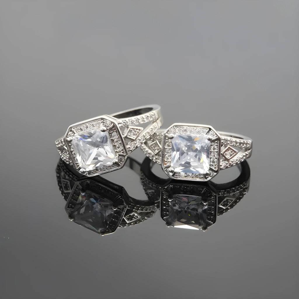 Platinum colour geometric women's ring with hollow design and inlaid zircon stones