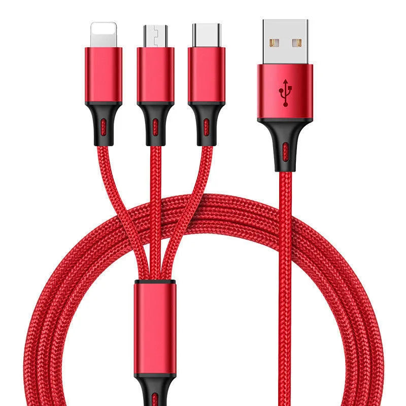 Black 3-in-1 braided charging cable with Lightning, Micro-USB and Type-C connectors on a 1.25m nylon cord