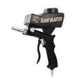 Portable black pneumatic sandblasting gun with top-mounted tank and spray nozzle.