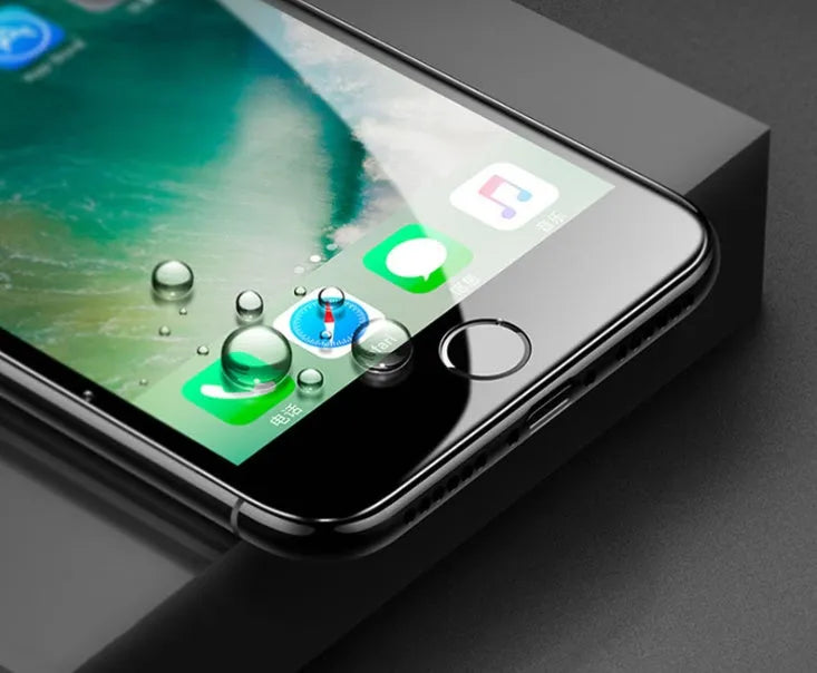 Tempered glass screen protector with carbon fibre soft edge for iPhone models.