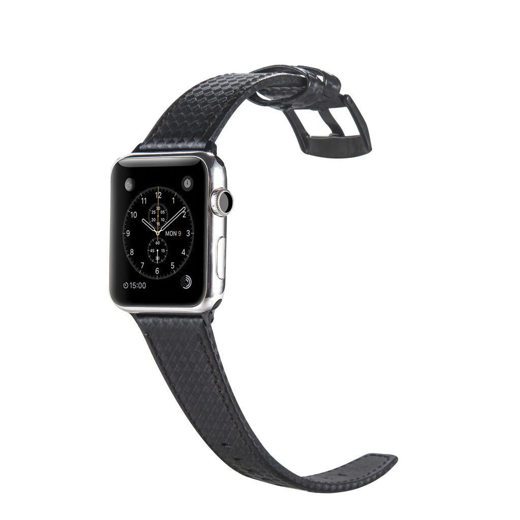 Leather Apple Watch strap with carbon fibre pattern in black, blue, orange, or red colours for 38mm 40mm or 42mm 44mm cases.
