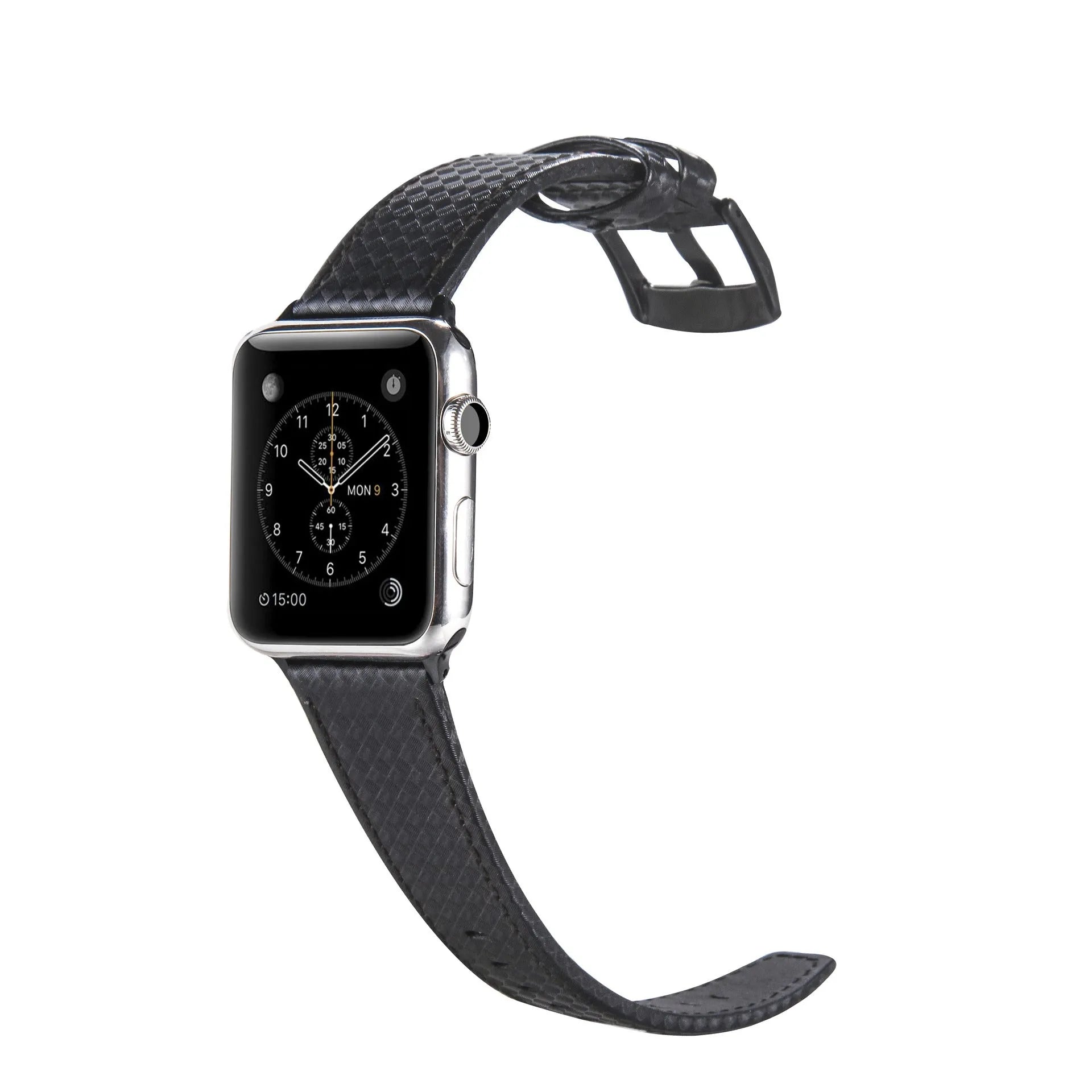 Leather Apple Watch strap with carbon fibre pattern in black, blue, orange, or red colours for 38mm 40mm or 42mm 44mm cases.