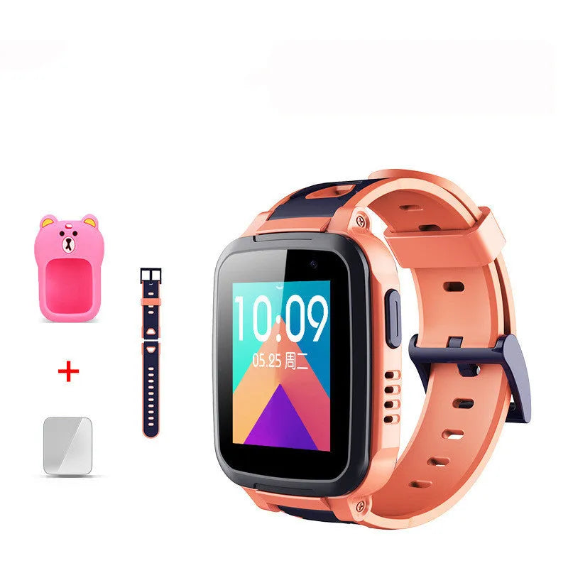360 SE5 blue children's waterproof phone watch with stainless steel wristband on a wrist.