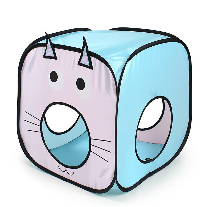 Foldable pet tent and tunnel set in a blue cat and fish design, showing the collapsible PP plastic frame.