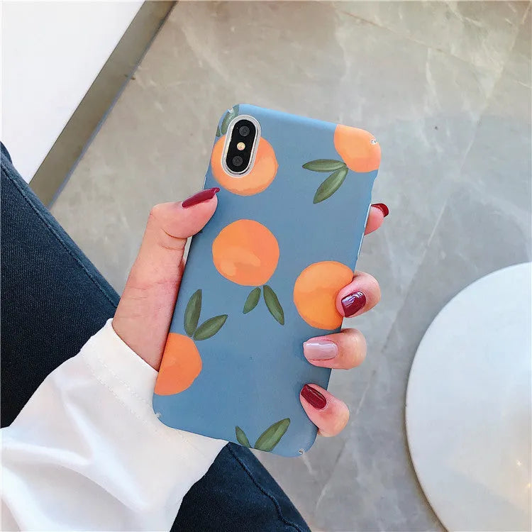 Orange retro plastic iPhone case with blue water pattern background design