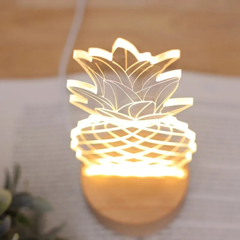 Pineapple-shaped cartoon night light with wood base and acrylic elements on bedside table