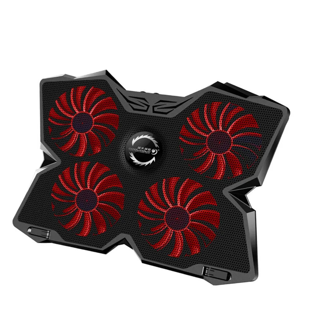 Blue computer cooling pad with four illuminated fans and USB ports