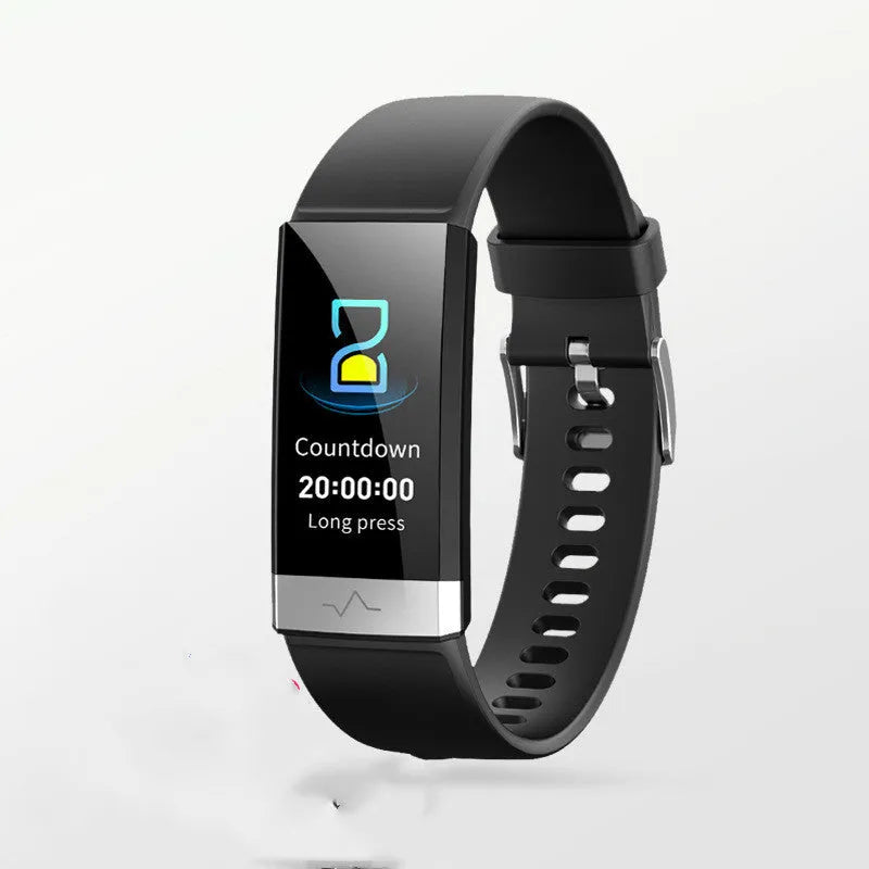 V19 smart fitness bracelet with colour screen on a black TPU strap, showing health metrics display.