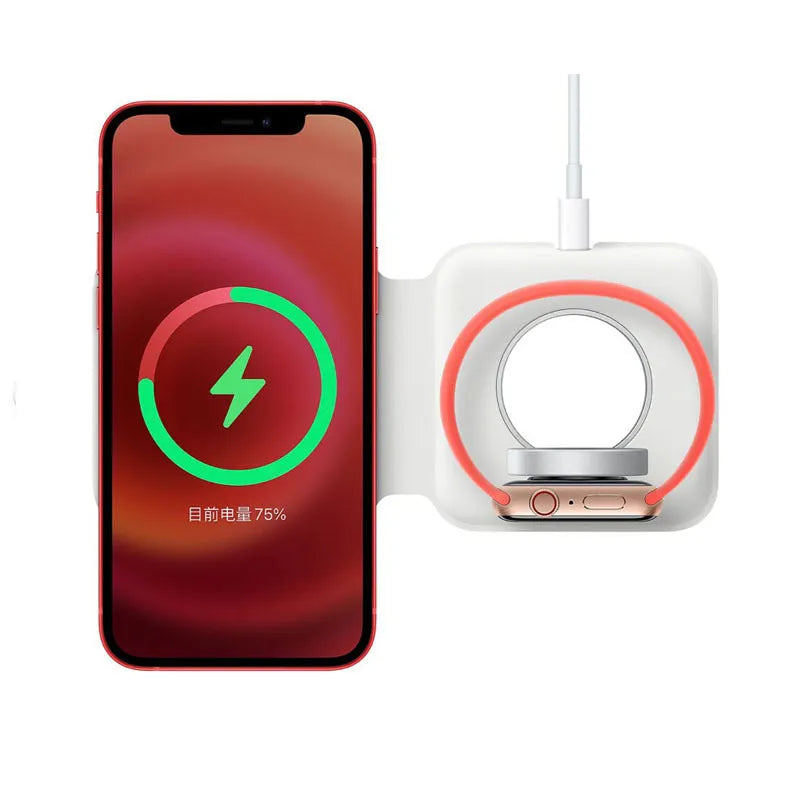 White folding dual wireless charger for iPhone and Apple Watch, 19mm thin, magnetic, Type-C
