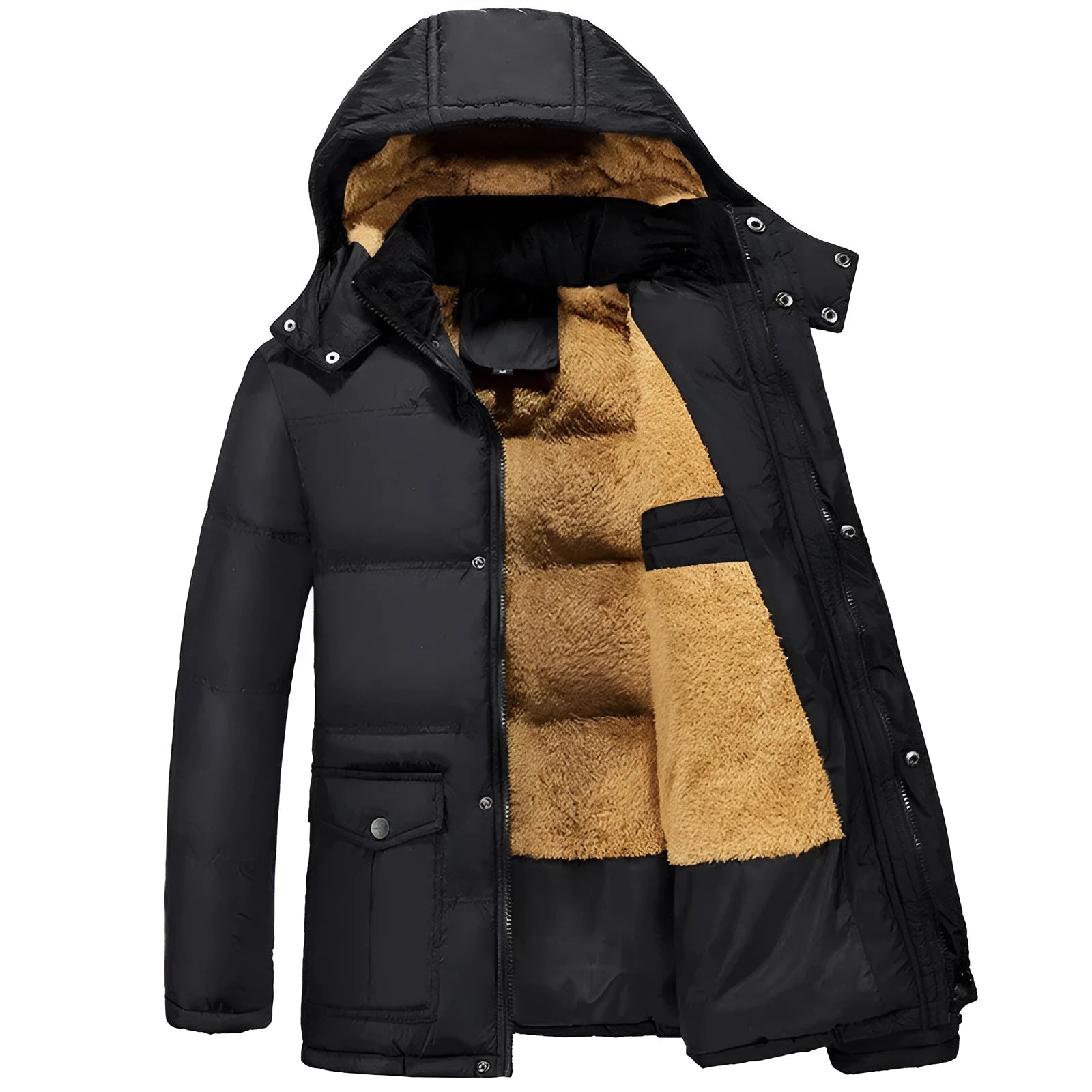 Men's black double-breasted padded winter jacket with hood and velvet lining