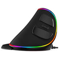 Vertical snail-shaped ergonomic RGB gaming mouse with USB cable on a desk.