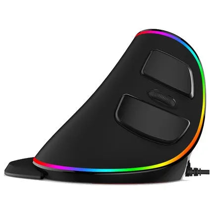Vertical snail-shaped ergonomic RGB gaming mouse with USB cable on a desk.