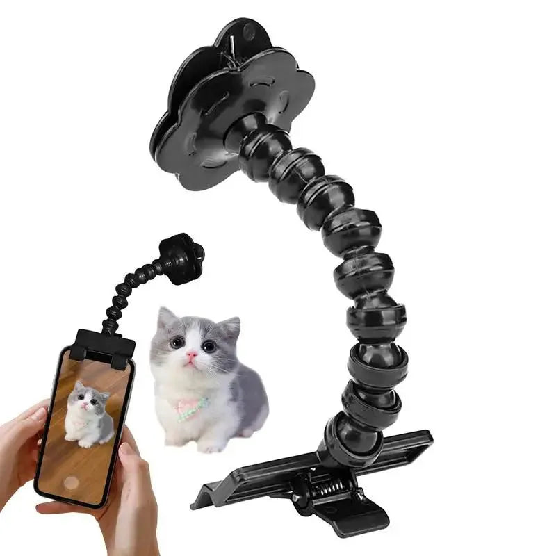 Black plastic pet photography tool with rotating clip for mobile phone attachment
