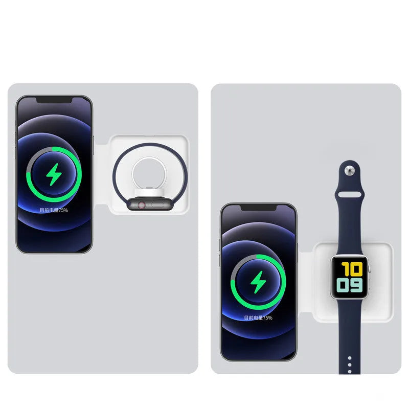 White folding dual wireless charger for iPhone and Apple Watch, 19mm thin, magnetic, Type-C
