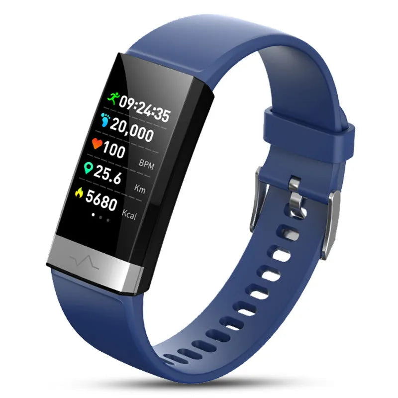 V19 smart fitness bracelet with colour screen on a black TPU strap, showing health metrics display.