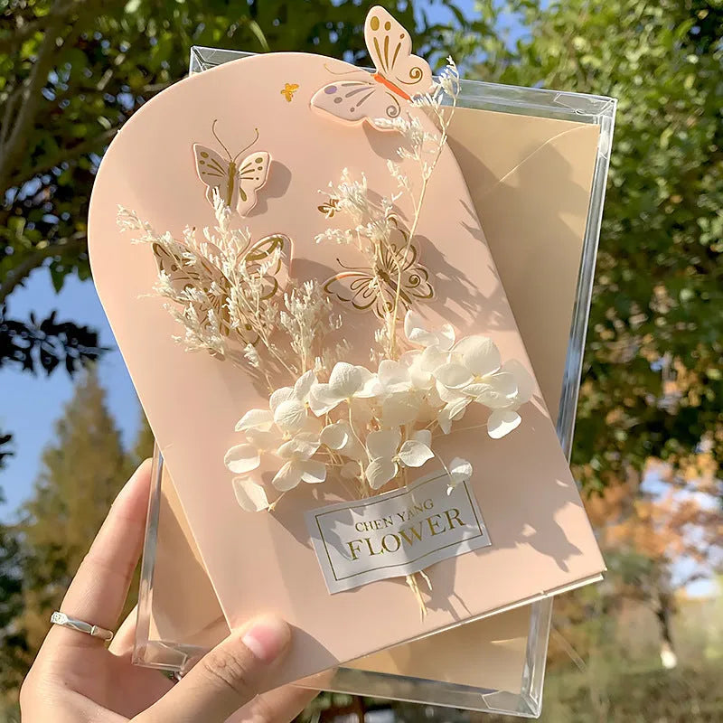 Handmade 3D butterfly shape birthday card with pop-up flowers and hot stamping details.