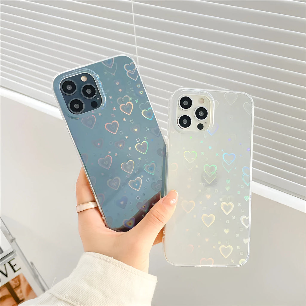 Translucent silicone iPhone case with a laser-etched love heart pattern on the back.
