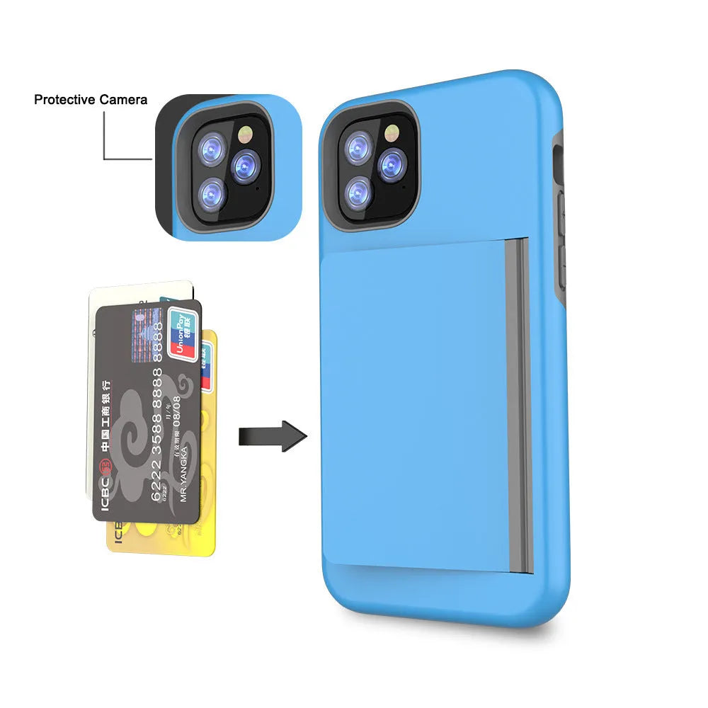 Simple solid colour TPU and PC back cover case for iPhone 11 models in black, red, pink, blue, dark blue, and purple.