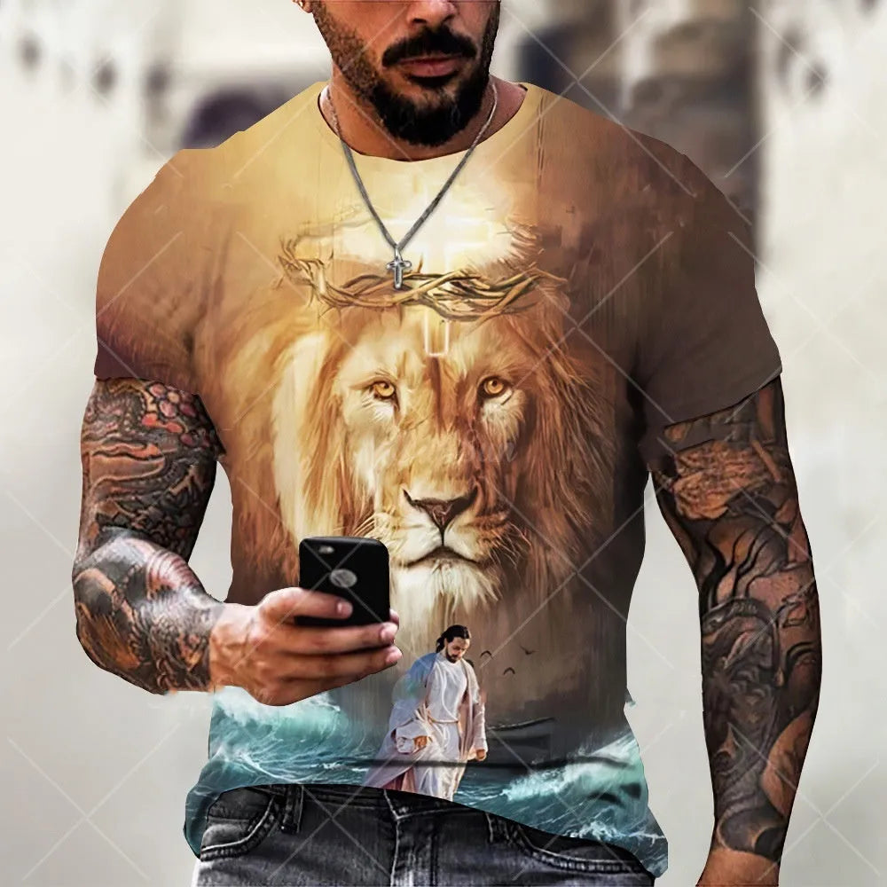 Men's grey T-shirt with a 3D printed Jesus design on the chest, short sleeves, made from Bird Eye cloth.