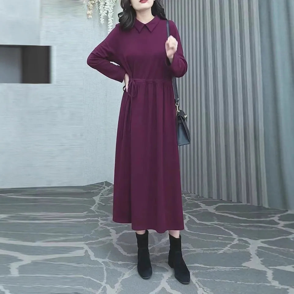 Purplish red solid colour plus size women's dress with long sleeves and long skirt for autumn winter.