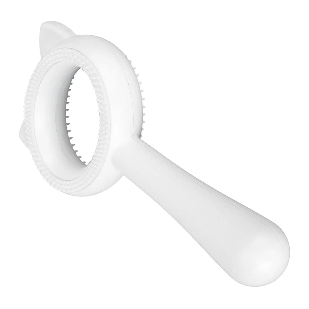 Blue and white double-sided pet grooming brush with ergonomic handle for cats and dogs