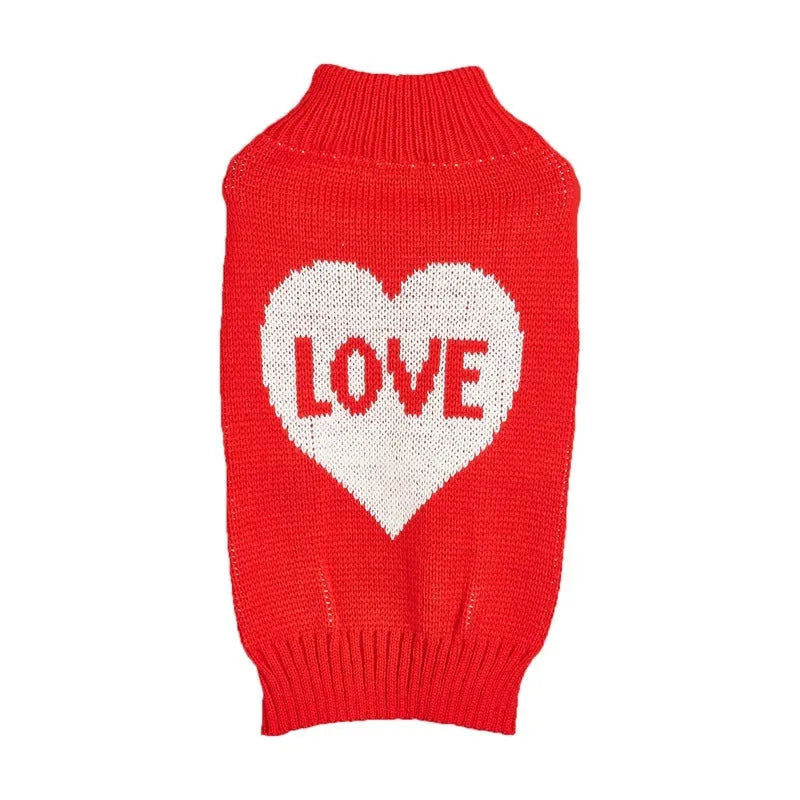 Red dog sweater with a white love heart pattern on the back, sized for a small dog.