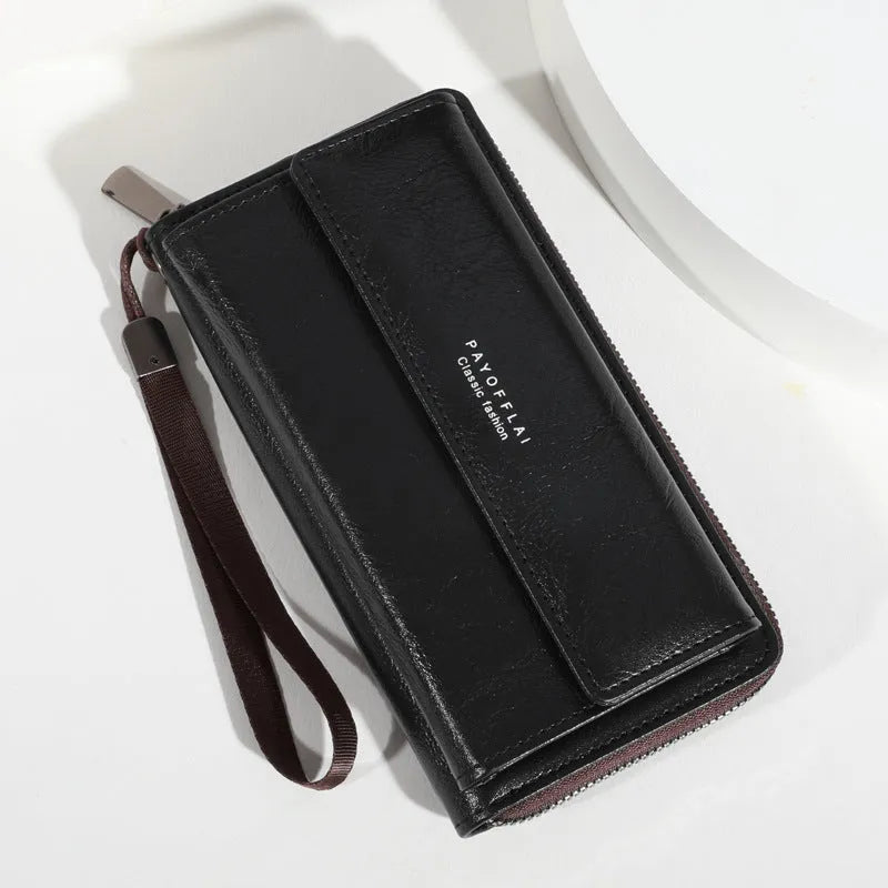 Men's long PU leather wallet in black, brown, and coffee, showing multiple card slots.
