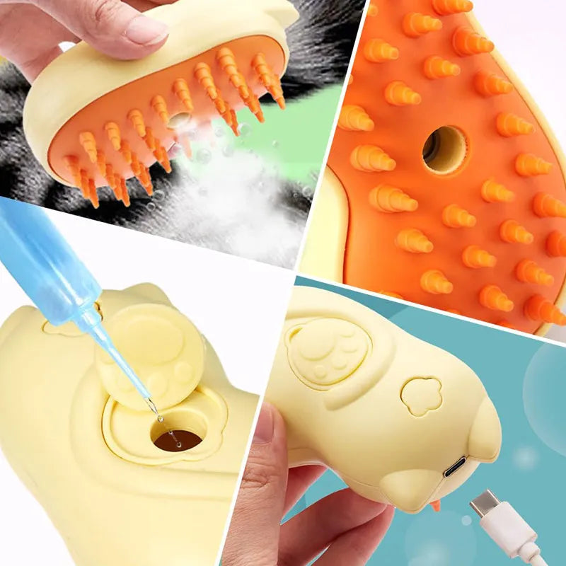 Cat and dog steamy brush 3-in-1 spray comb with ergonomic handle on a white background.