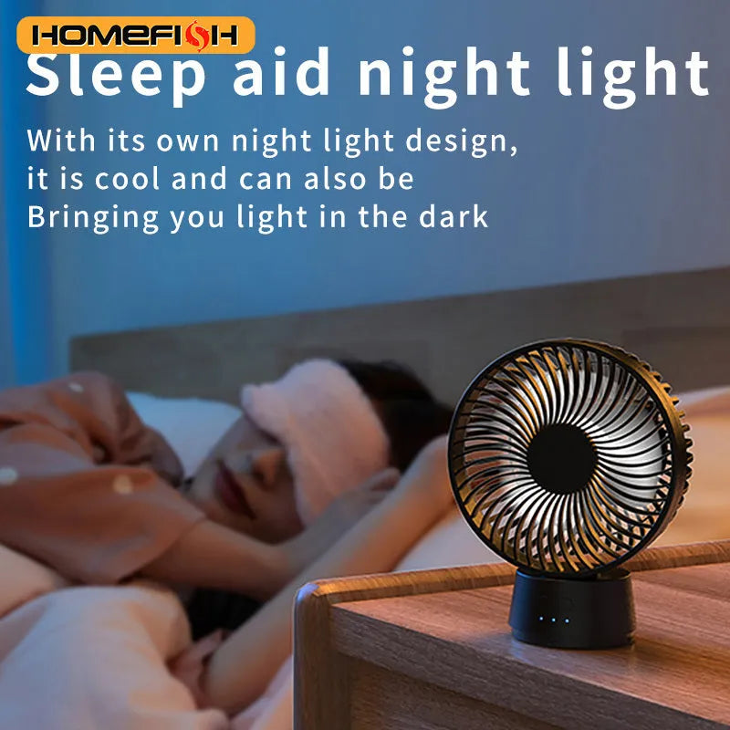 HOMEFISH F2 automatic shake head portable fan with removable bracket, LED light, and USB charging port