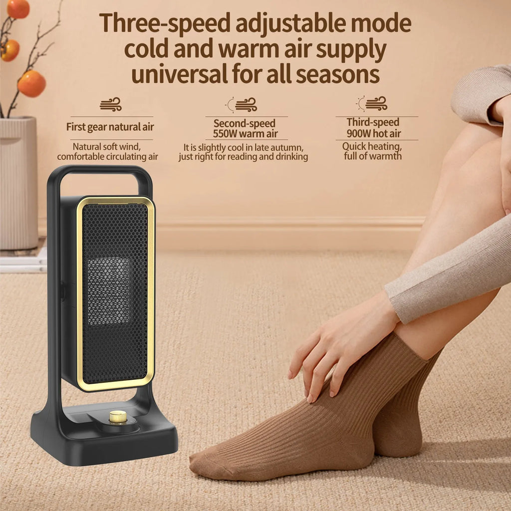 Compact black PTC ceramic desktop heater with control knob on front panel.