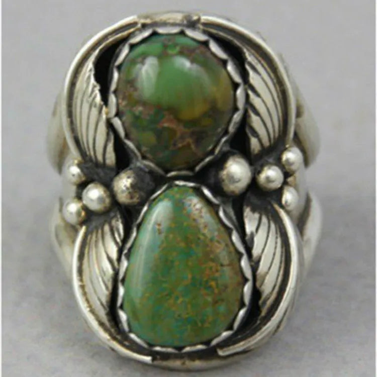 Geometric turquoise women's ring with inlaid retro design on alloy band