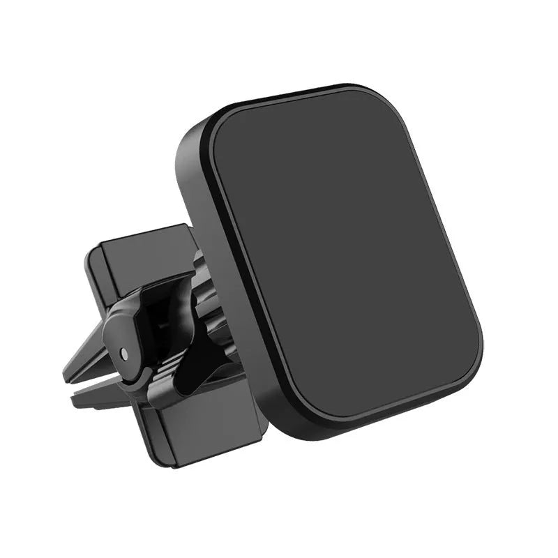 Black magnetic car phone holder mounted on vehicle air conditioning vent with smartphone attached