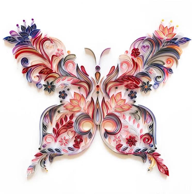 20 inch blue and pink butterfly quilling papercraft illustration pack with glue, scissors, awl, and tweezers