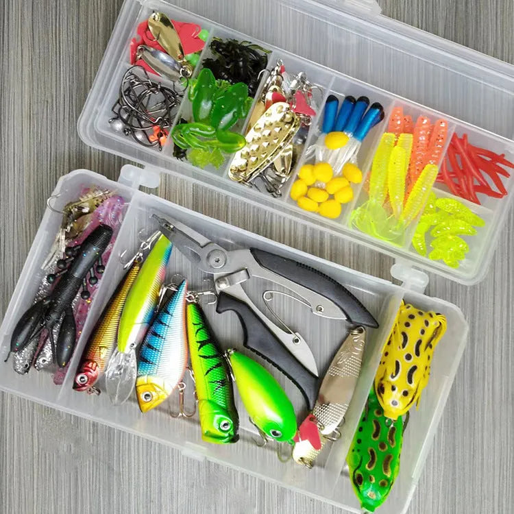 Fishing lure tackle kit with 142 pieces including metal and plastic lures, hard minnows and fishing pliers