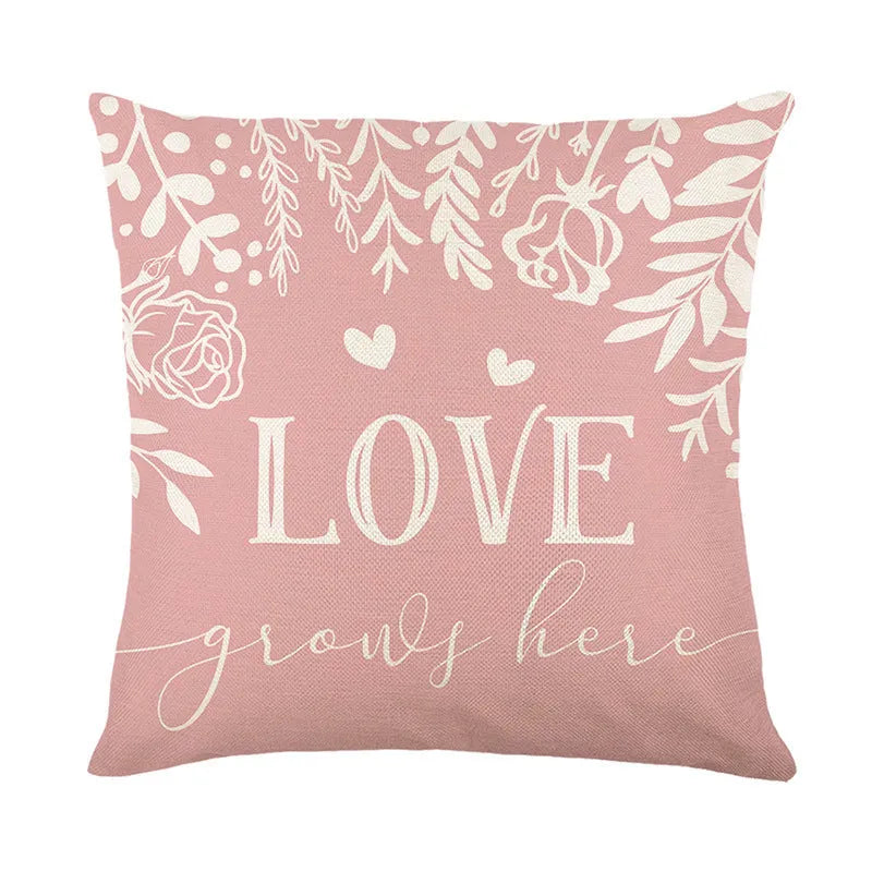 Square plaid pillow cover with red heart prints, shown in multiple colour variations.
