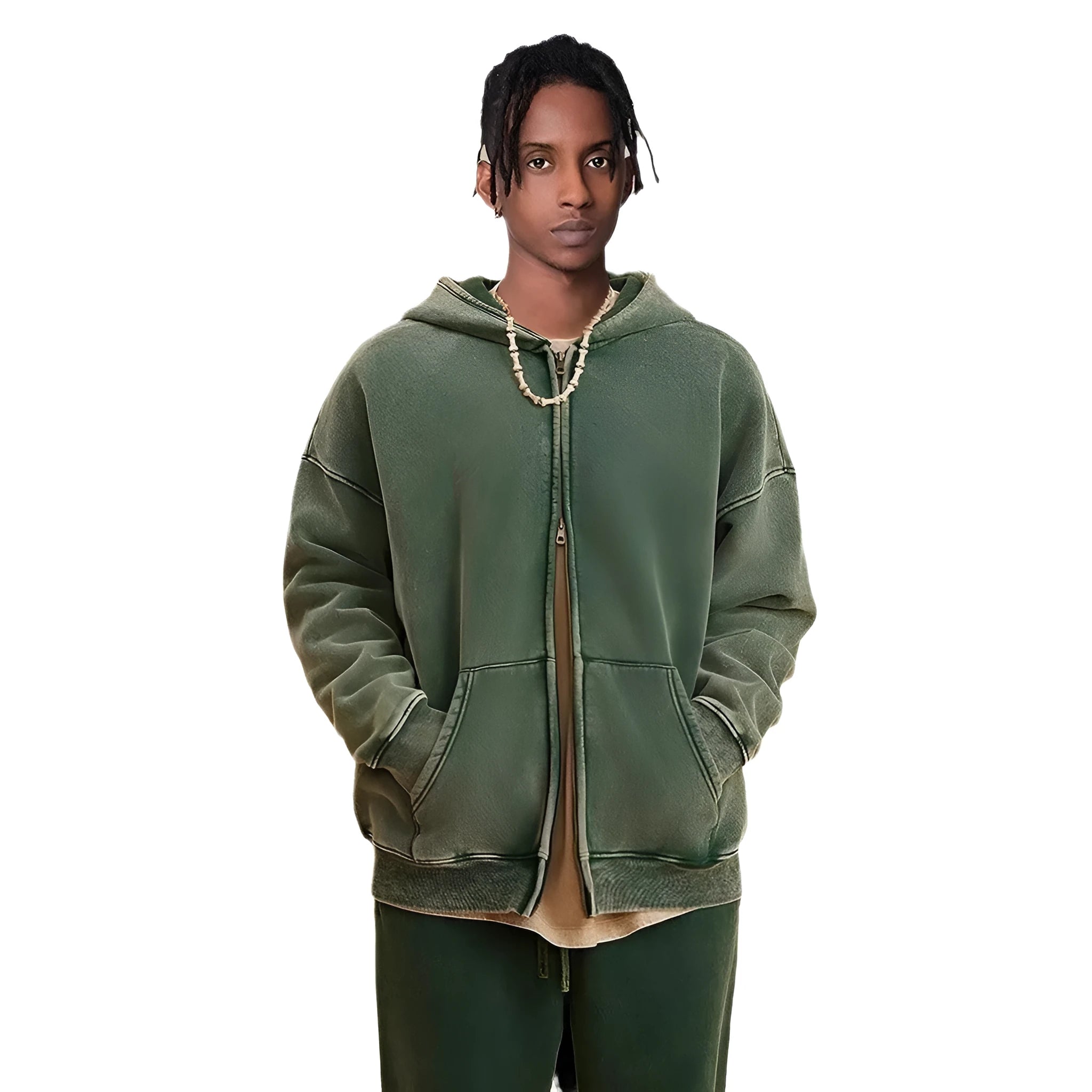 Man wearing a washed black fleece-lined hooded cardigan with a double zipper front.