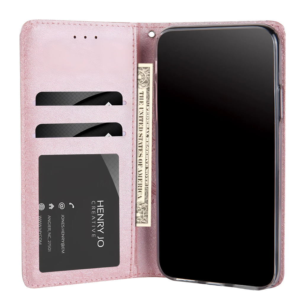 Apple iPhone flip wallet case with card slots in PU leather, shown in multiple colour options