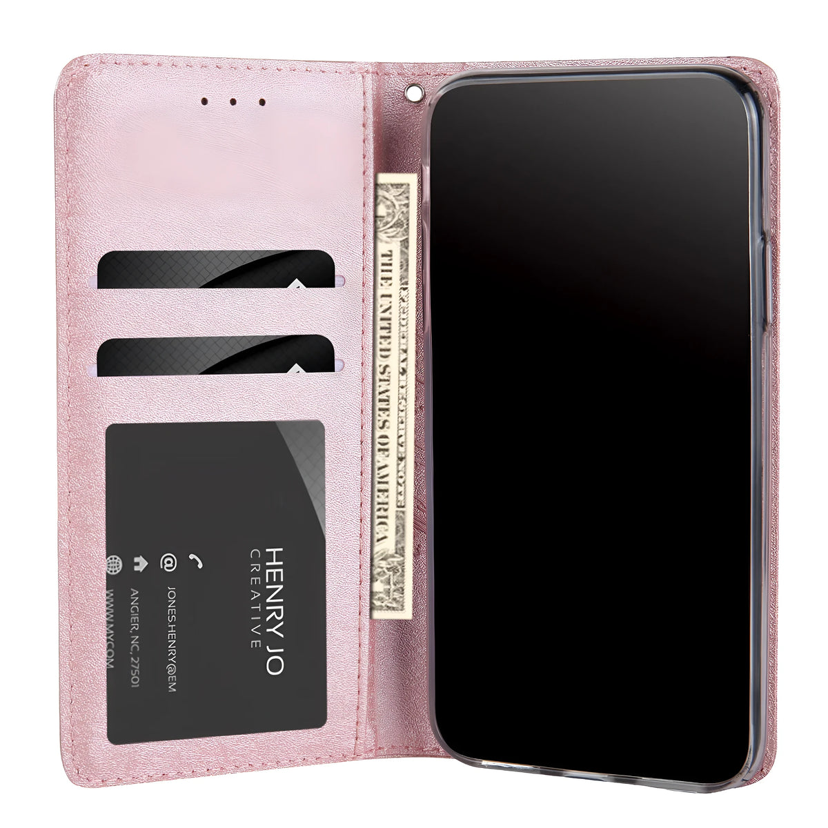 Apple iPhone flip wallet case with card slots in PU leather, shown in multiple colour options