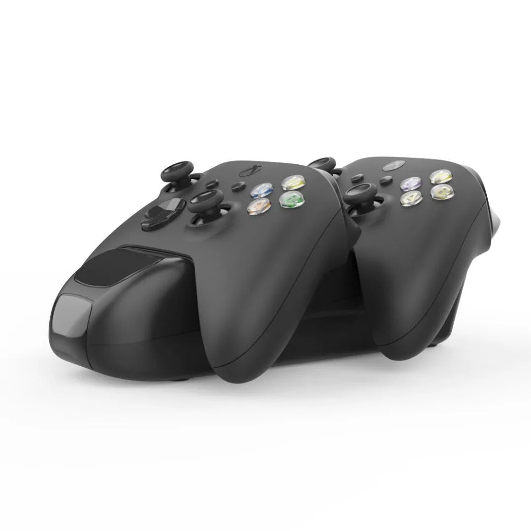 Black Xbox Series X dual controller wireless charging station with LED lights and two battery packs